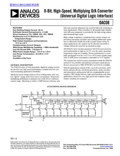 Analog Devices DAC08 8-Bit High-Speed Multiplying D/A Converter Datasheet