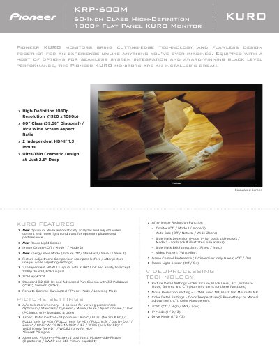 Pioneer KRP-600M 60-Inch Class High-Definition 1080p Flat Panel KURO Monitor User Manual - cover page
