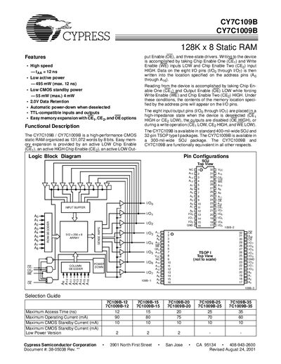 Cypress CY7C109B and CY7C1009B 128K×8 SRAM Datasheet