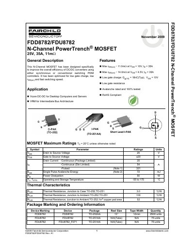 Fairchild FDD8782/FDU8782 N-Channel MOSFET Datasheet - cover page