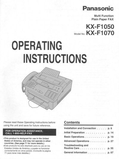 Panasonic KX-F1050/KX-F1070 Multi Function Plain Paper FAX Operating Instructions - cover page
