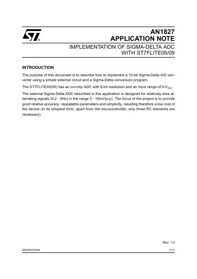 STMicroelectronics AN1827 Sigma-Delta ADC Implementation Application Note