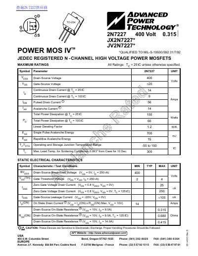 ADVANCED POWER TECHNOLOGY 2N7227 JX2N7227* JV2N7227* handbook - cover page