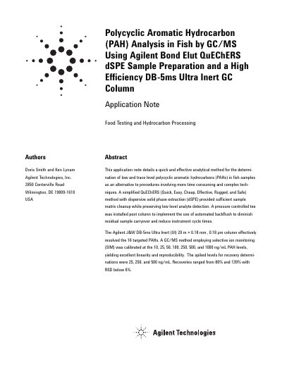 Agilent DB-5ms Ultra Inert GC Column PAH Analysis Application Note - cover page