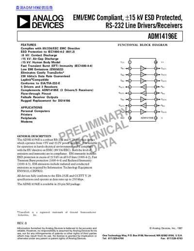Analog Devices ADM14196E RS-232 Line Drivers/Receivers Datasheet - cover page
