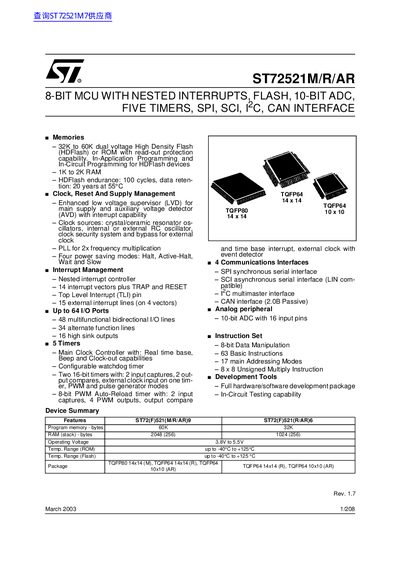 ST ST72521M/R/AR 8-BIT MCU WITH NESTED INTERRUPTS FLASH 10-BIT ADC FIVE TIMERS SPI SCI I 2 C CAN INTERFACE handbook - cover page