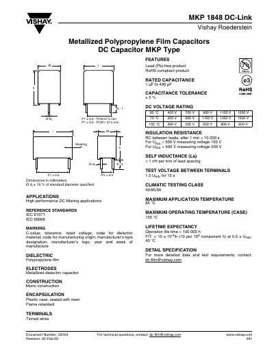 Vishay MKP 1848 DC-Link Metallized Polypropylene Film Capacitor Data Sheet - cover page