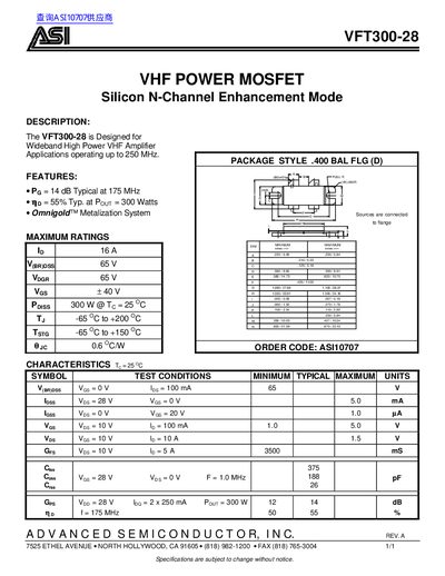 ASI VFT300-28 VHF Power MOSFET Datasheet - cover page
