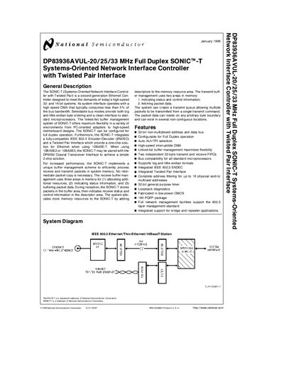National Semiconductor DP83936AVUL-20/25/33 MHz Full Duplex SONIC TM -T Systems-Oriented Network Interface Controller with Twisted Pair Interface handbook