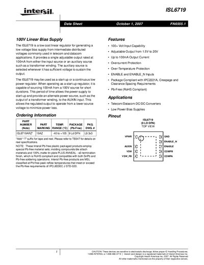 Intersil ISL6719 Linear Bias Supply Datasheet - cover page