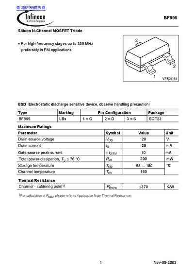 Infineon BF999 Silicon N-Channel MOSFET Triode Datasheet - cover page