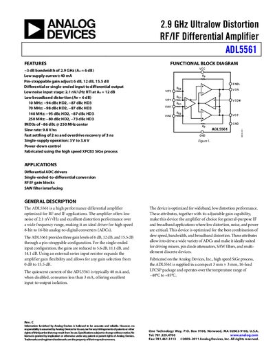 Analog Devices ADL5561 RF/IF Differential Amplifier Datasheet - cover page