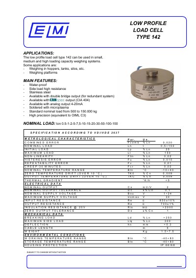 Celmi Type 142 Low Profile Load Cell Datasheet - cover page
