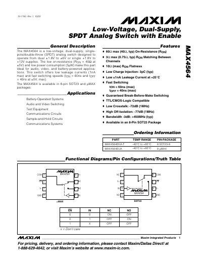 Maxim Integrated MAX4564 SPDT Analog Switch Datasheet - cover page