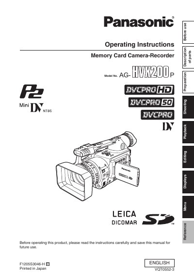 Panasonic AG-HVX200P Memory Card Camera-Recorder Operating Instructions - cover page