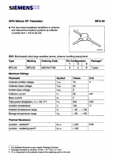 YPTOS BFQ 69 NPN Silicon RF Transistor Datasheet - cover page