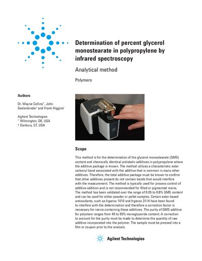 Determination of percent glycerol monostearate in polypropylene by infrared spectroscopy Application Note - cover page