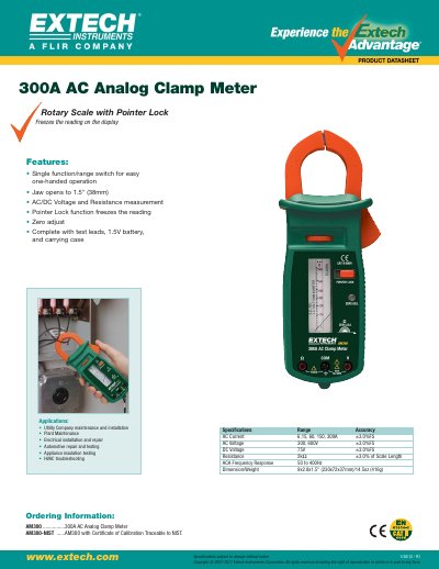 EXTECH AM300 AC Analog Clamp Meter Product Datasheet - cover page
