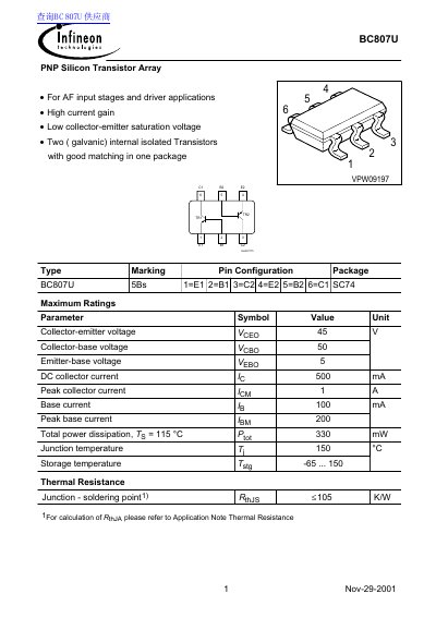 Infineon BC807U PNP Silicon Transistor Array Datasheet - cover page