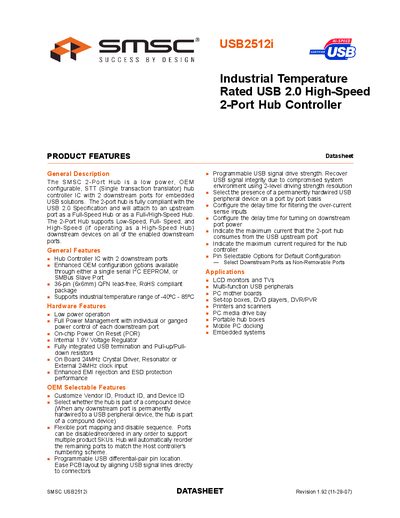 SMSC USB2512i Industrial Temperature Rated USB 2.0 High-Speed 2-Port Hub Controller Datasheet - cover page