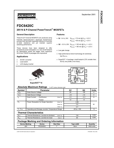 Fairchild Semiconductor FDC6420C N & P-Channel PowerTrench MOSFET Datasheet - cover page