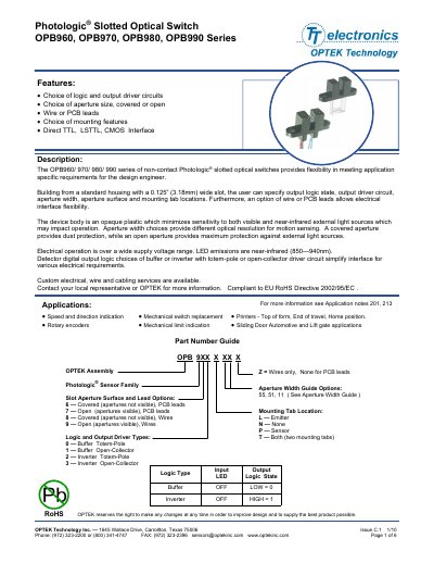 OPTEK OPB960/OPB970/OPB980/OPB990 Photologic Slotted Optical Switch Datasheet - cover page