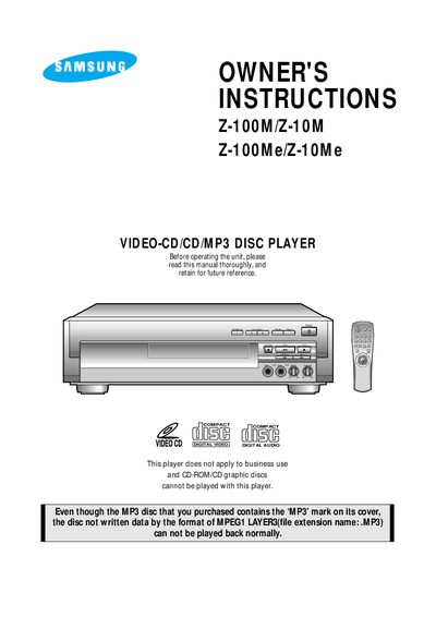 Samsung Z-100M/Z-10M/Z-100Me/Z-10Me Video CD/MP3 Disc Player User Manual - cover page