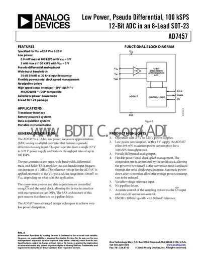 Analog Devices AD7457 Datasheet - cover page