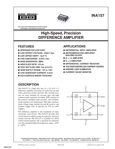 Texas Instruments INA157 Difference Amplifier Datasheet - cover page