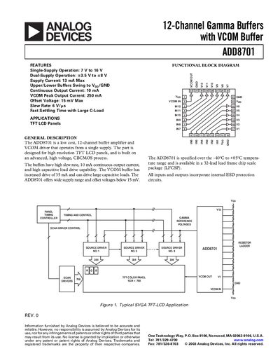 Analog Devices ADD8701 12‑Channel Gamma Buffer with VCOM Buffer Datasheet - cover page