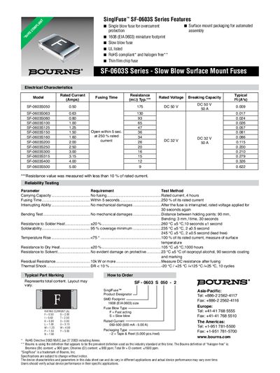 Bourns SF-0603S Series Slow Blow Surface Mount Fuse Datasheet - cover page