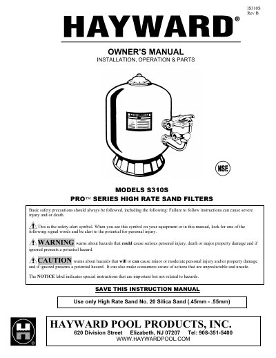 Hayward S310S PRO High Rate Sand Filter Owner's Manual - cover page
