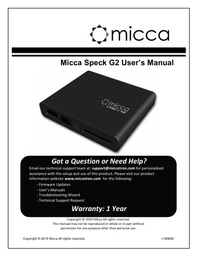 Micca Speck G2 User Manual - cover page