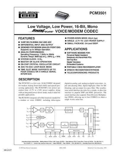 Burr-Brown PCM3501 Voice/Modem Codec Datasheet - cover page