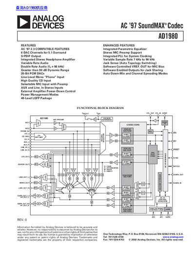 Analog Devices AD1980 AC '97 SoundMAX Codec Datasheet - cover page