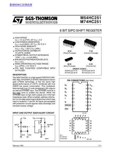SGS-Thomson M54HC251 / M74HC251 8‑bit SIPO Shift Register Datasheet - cover page