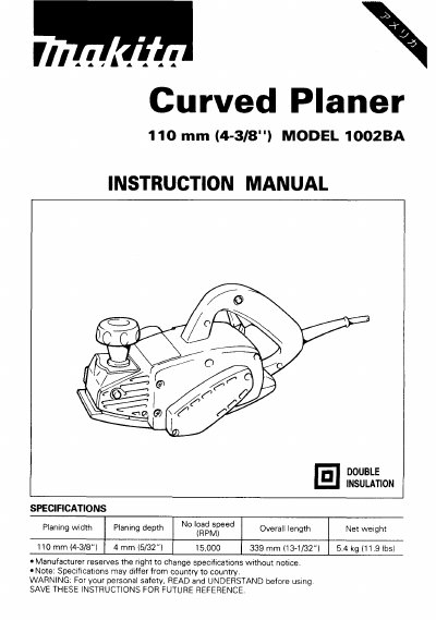 Makita 1002BA Curved Planer Instruction Manual - cover page