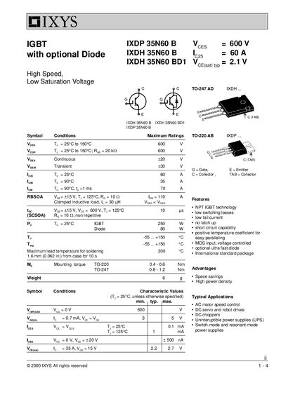 IXYS IXDP 35N60 B IGBT Datasheet - cover page