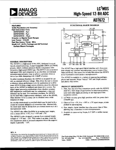 Analog Devices AD7672 High-Speed 12-Bit ADC Datasheet