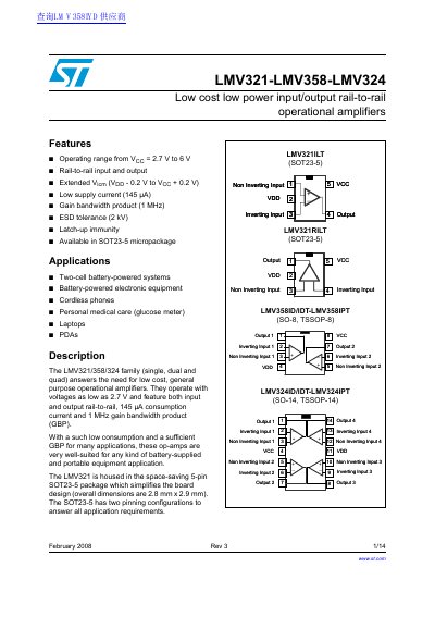 STMicroelectronics LMV321-LMV358-LMV324 Low Power Operational Amplifiers Datasheet - cover page