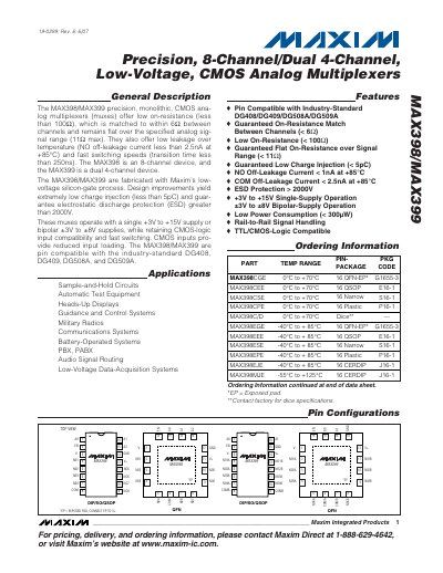 Maxim MAX398/MAX399 CMOS Analog Multiplexer Datasheet - cover page