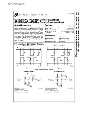 National Semiconductor CD4009M/CD4009C Hex Buffers (Inverting) CD4010M/CD4010C Hex Buffers (Non-Inverting) Data Sheet - cover page