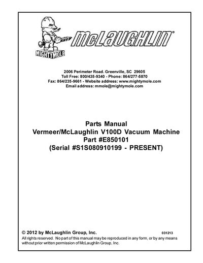 Vermeer V100D Vacuum Machine Service Manual - cover page