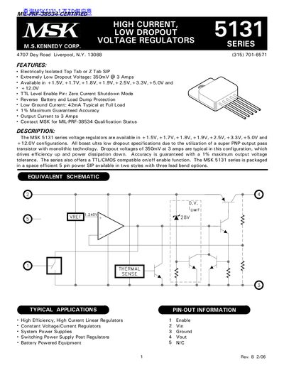 M.S. Kennedy MSK 5131 Voltage Regulator Datasheet - cover page