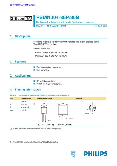 Philips PSMN004-36P/36B N-channel Enhancement Mode Field-Effect Transistor Product Data - cover page