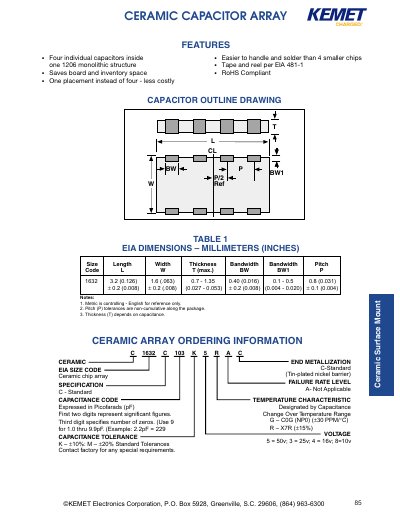 KEMET 1632 Ceramic Chip Array Datasheet - cover page