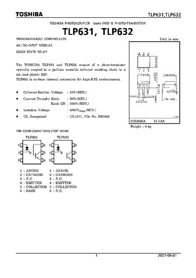 Toshiba TLP631/TLP632 Photocoupler Datasheet - cover page