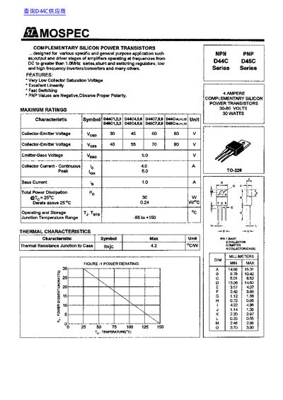 MOSPEC D44C/D45C Series Complementary Silicon Power Transistors Datasheet - cover page