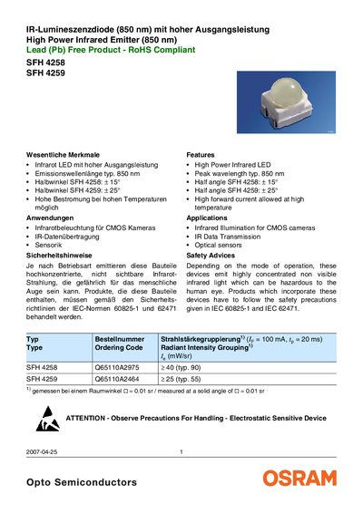 OSRAM SFH 4258 / SFH 4259 Infrared LED Datasheet - cover page