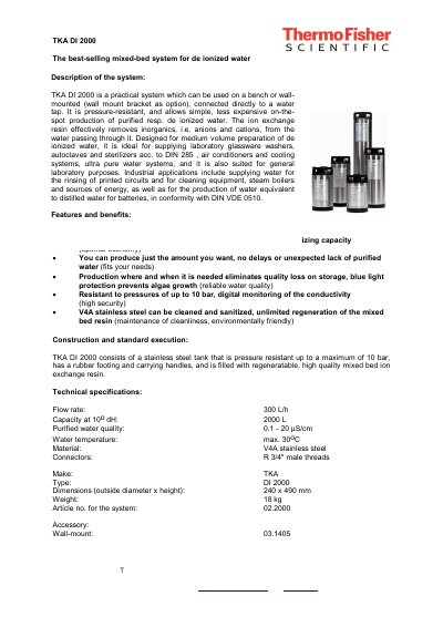 TKA DI 2000 Deionized Water System Product Leaflet - cover page